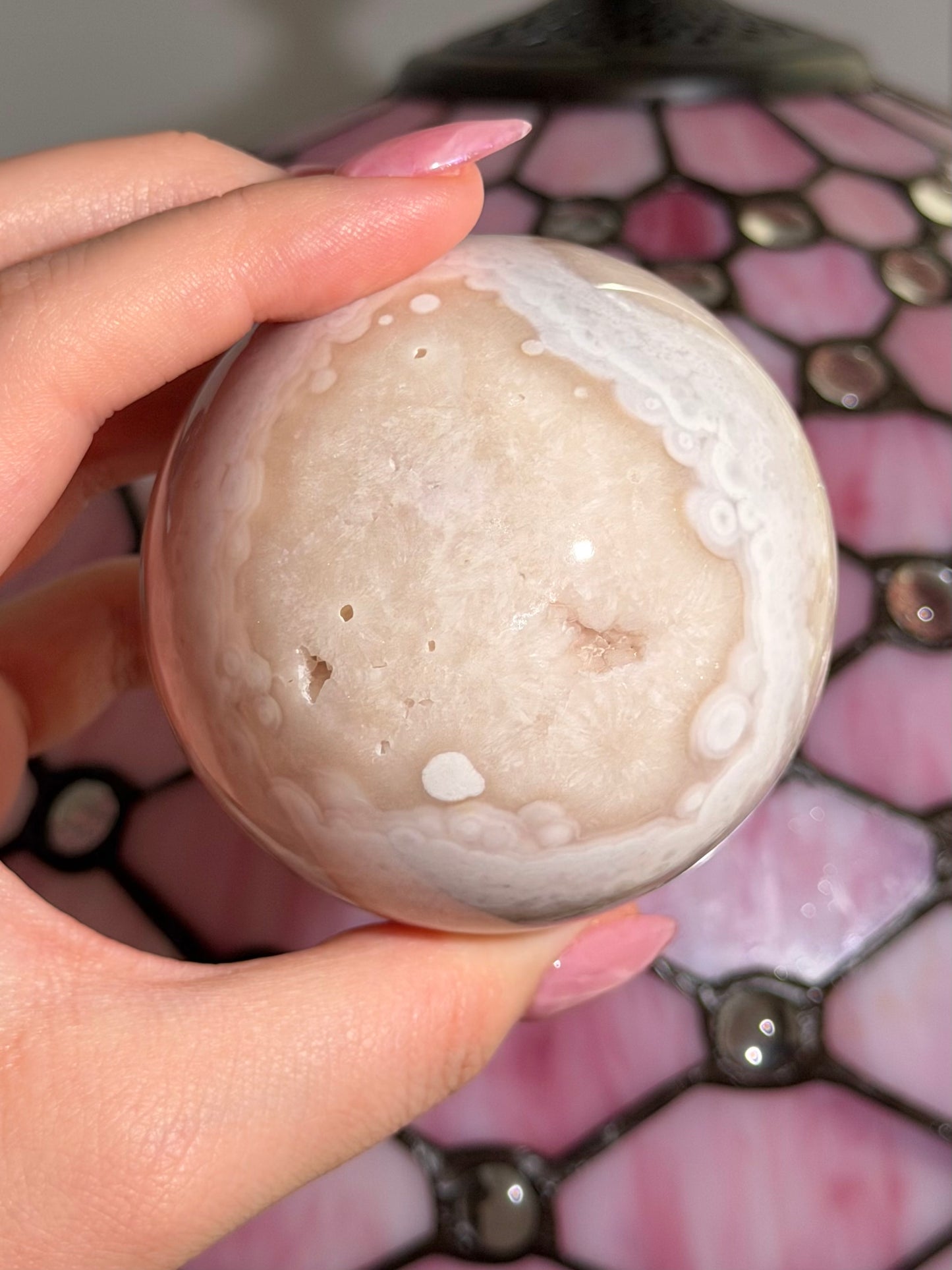 Large bubbly pastel Pink amethyst x flower agate sphere