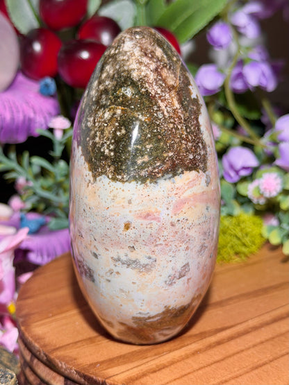 Pastel rainbow sea jasper freeform with quartz pocket