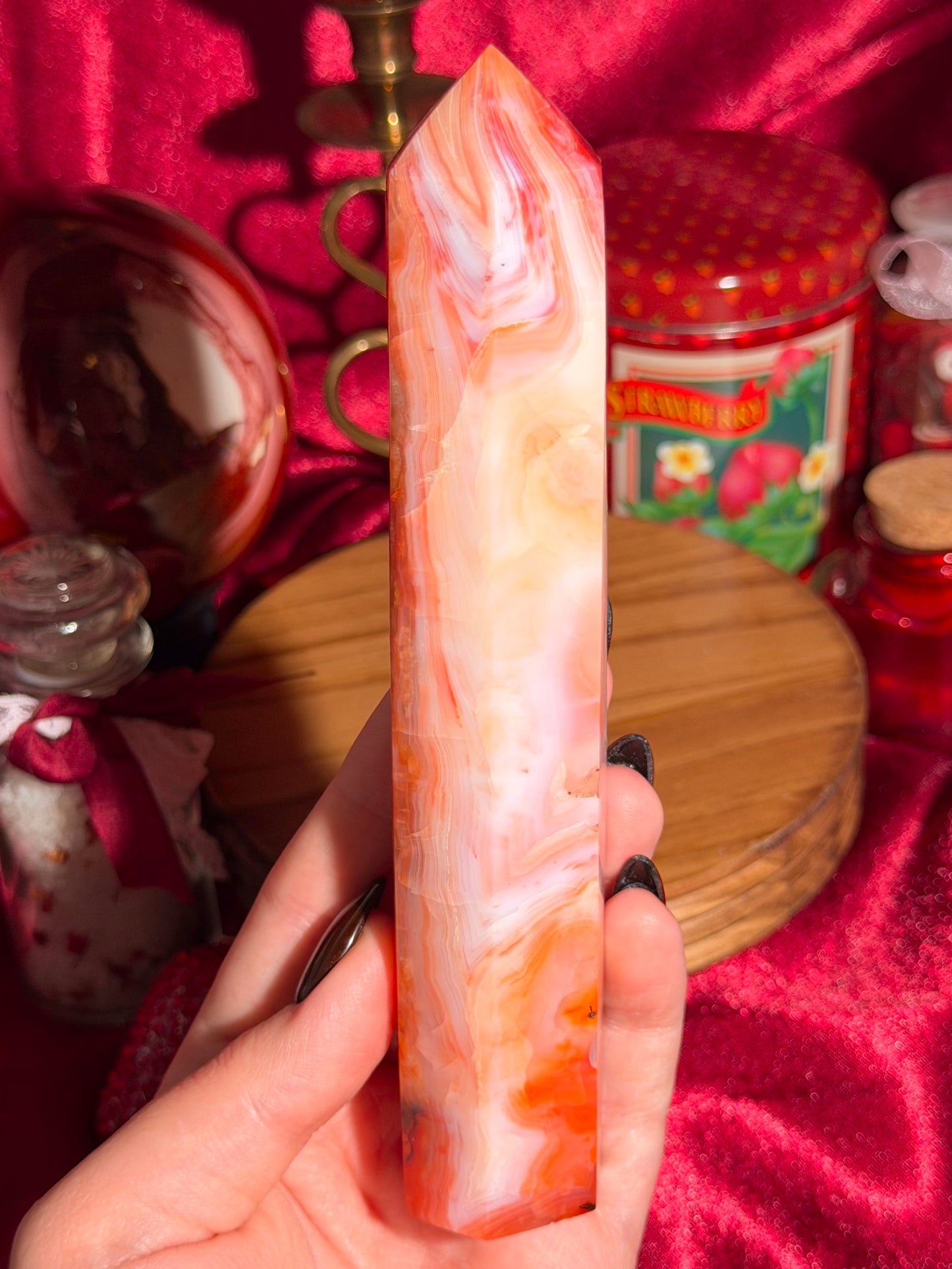 Strawberry pink banded carnelian tower