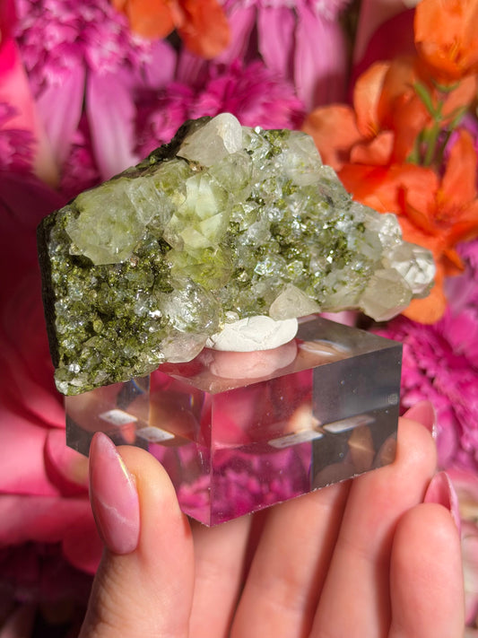 Fairy Quartz Epidote specimen on stand from Hakkari, Turkey