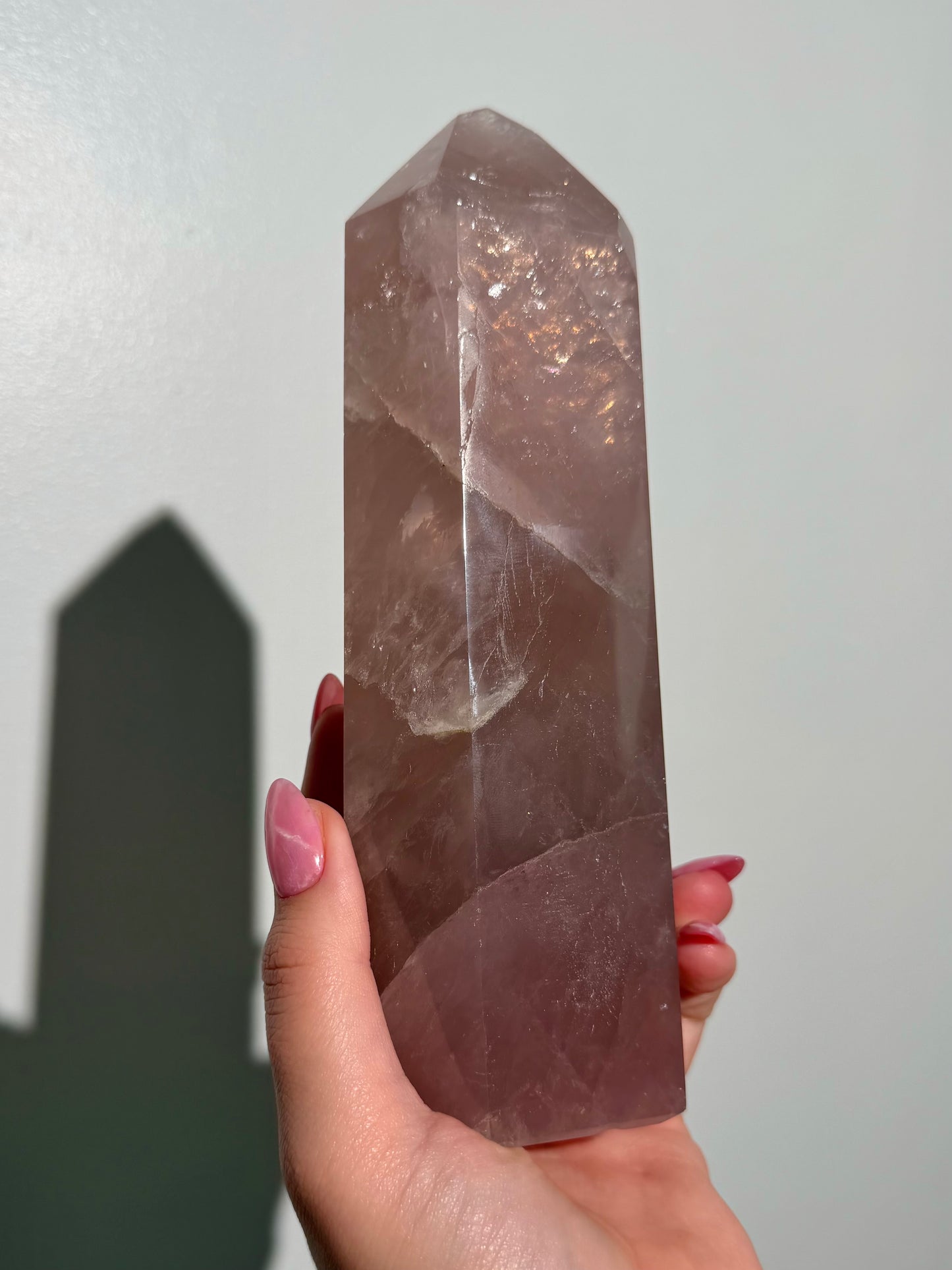 Large Purple-toned glossy rose quartz tower