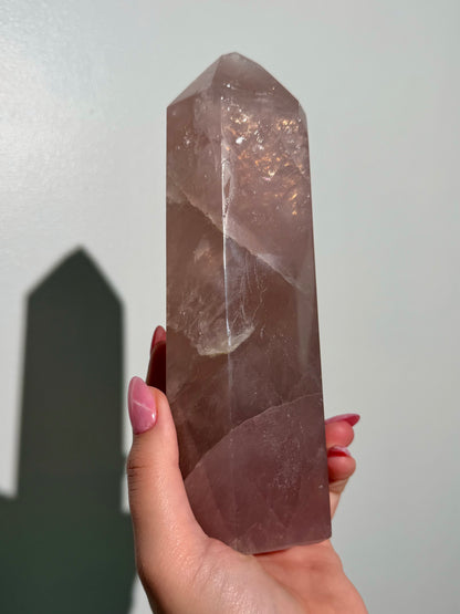 Large Purple-toned glossy rose quartz tower