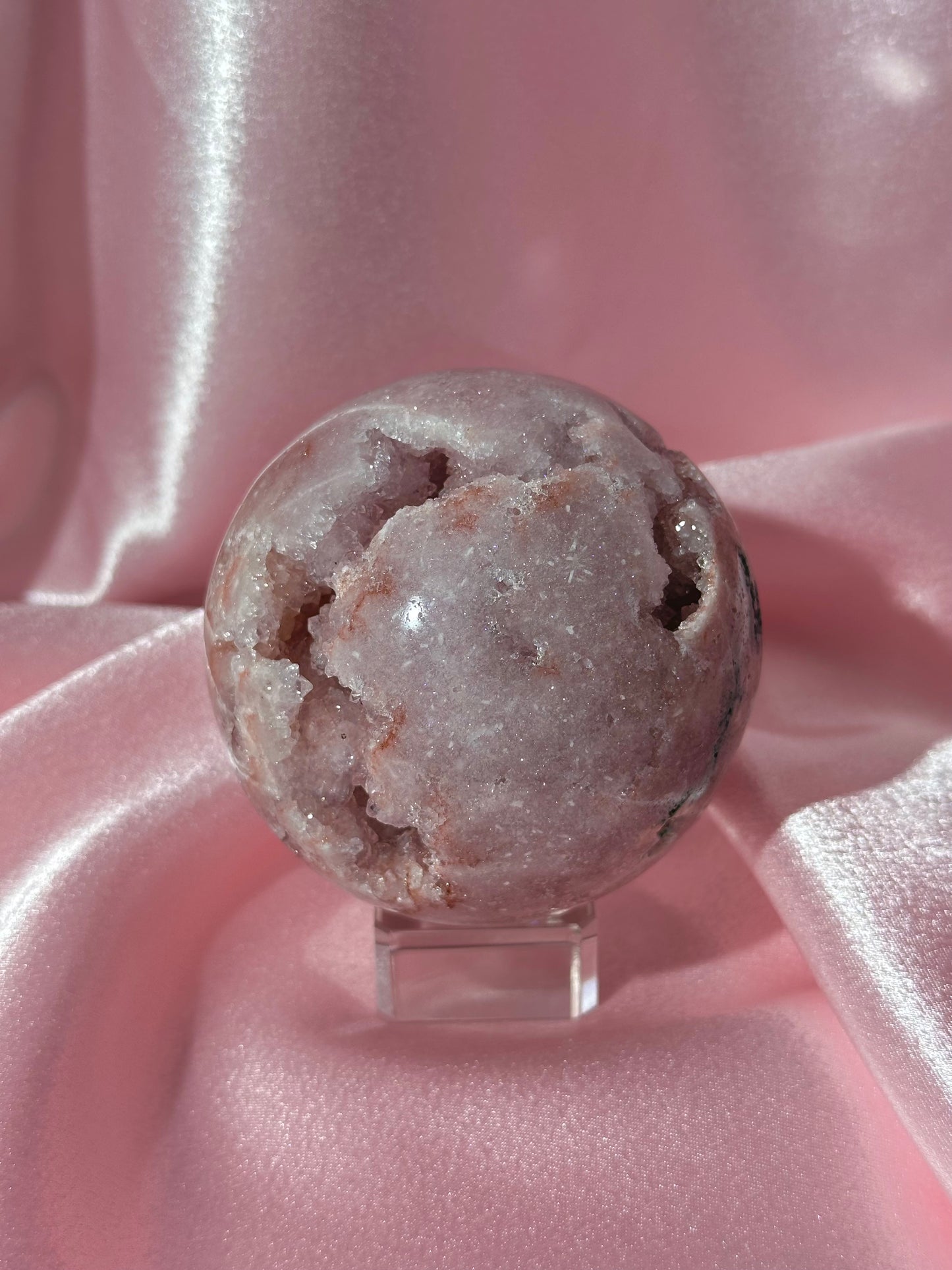 Brazilian pink amethyst x flower agate sphere with bubbly druzy cave