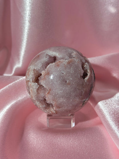 Brazilian pink amethyst x flower agate sphere with bubbly druzy cave