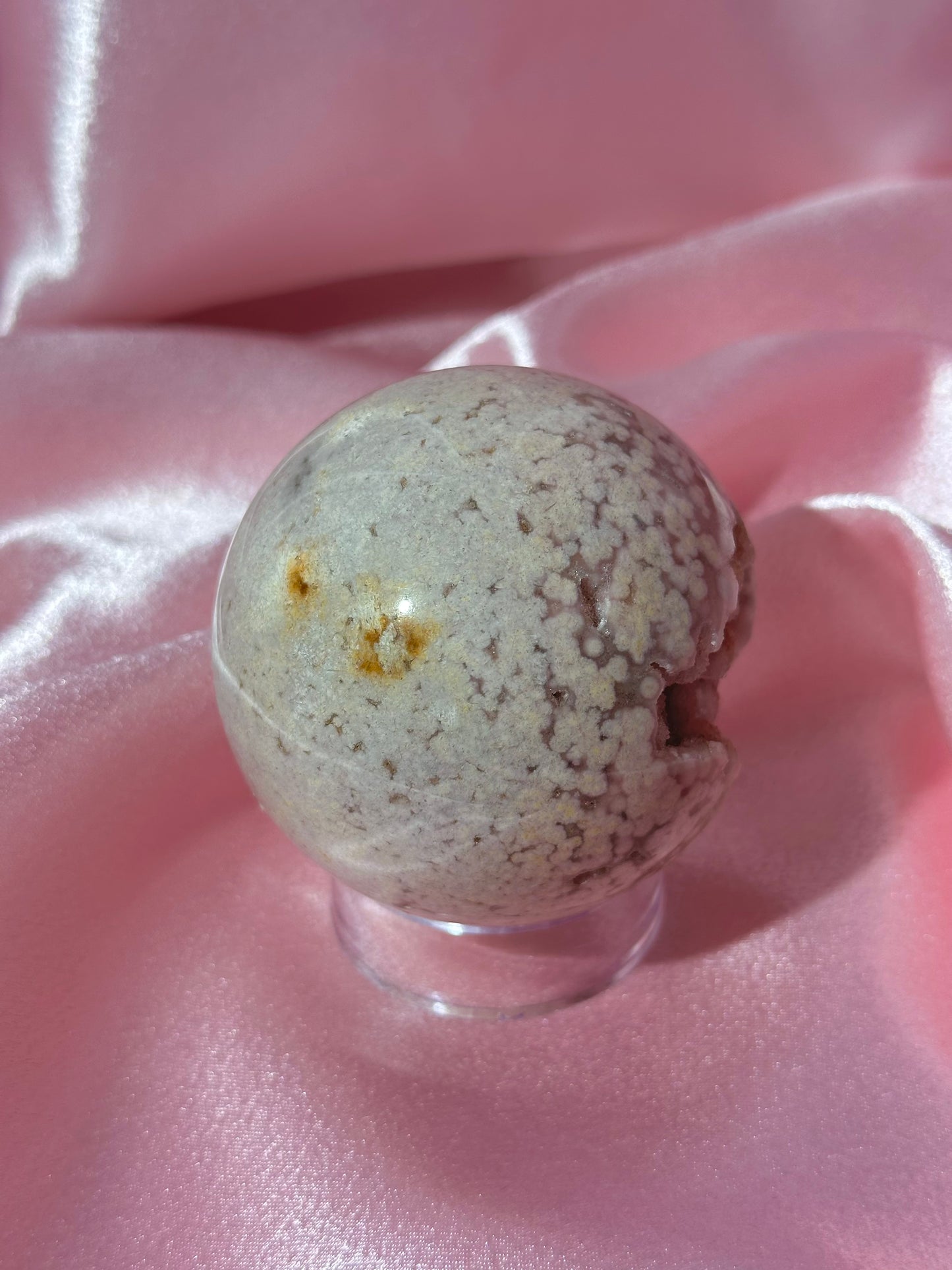 Pink pastel flower agate sphere from Madagascar with bubby druzy