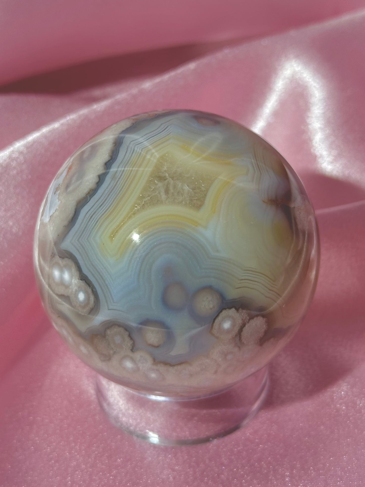 Yellow, blue & pink flower agate sphere from Madagascar *has parallax!