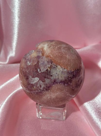 Brazilian pink amethyst x flower agate sphere with purple quartz-filled druzy cave