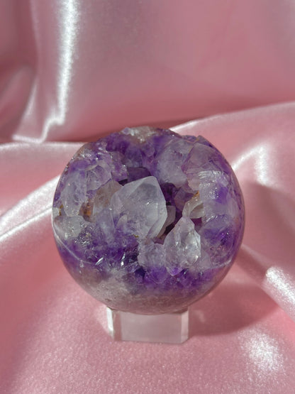 Grape jelly purple Brazilian pink amethyst sphere with unique quartz caves