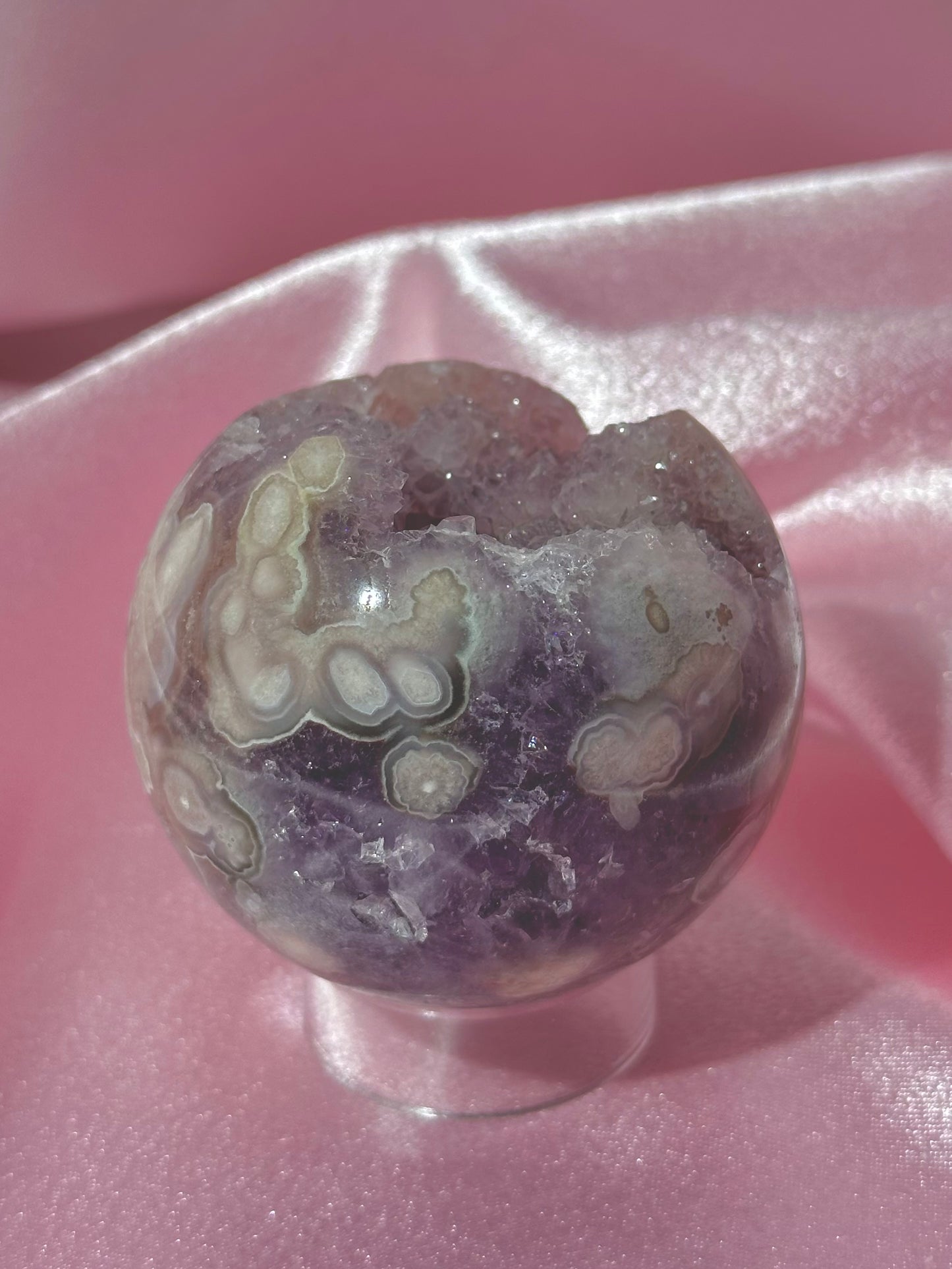 Purple Brazilian pink amethyst x flower agate sphere with druzy cave