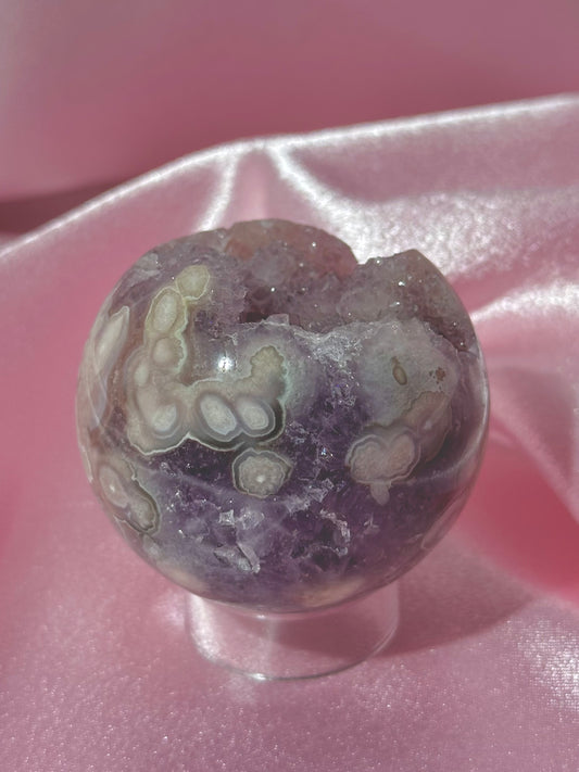 Purple Brazilian pink amethyst x flower agate sphere with druzy cave