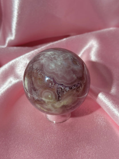 Brazilian pink amethyst x flower agate sphere with quartz