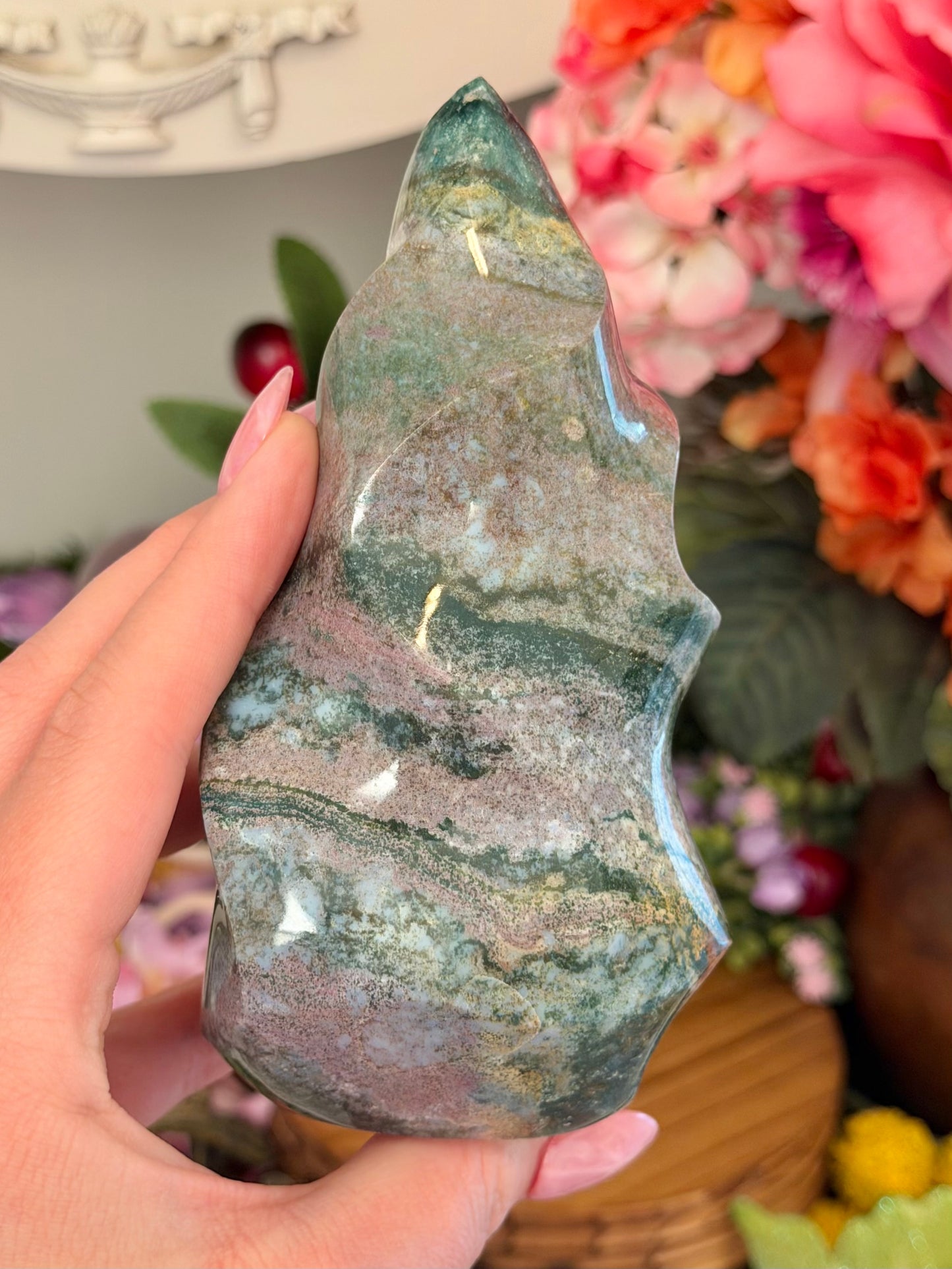 Lilac and green pastel sea jasper flame