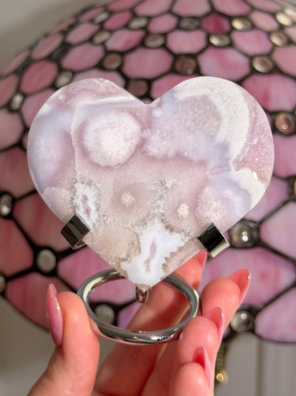 Pink amethyst x flower agate heart on stand