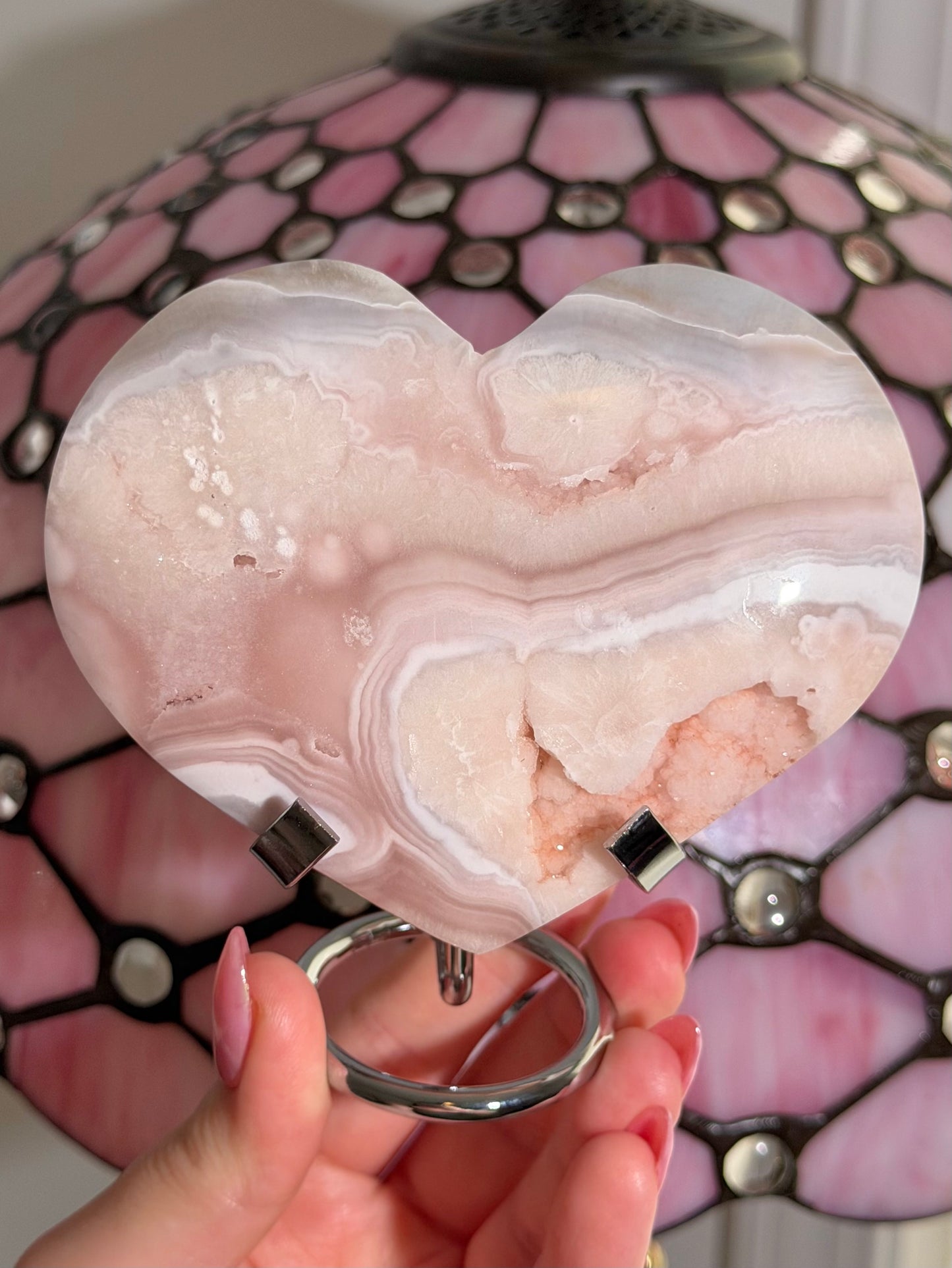 Pink amethyst x flower agate heart on stand