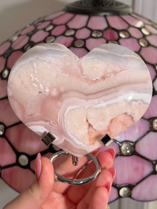 Large Pink amethyst x flower agate heart on stand