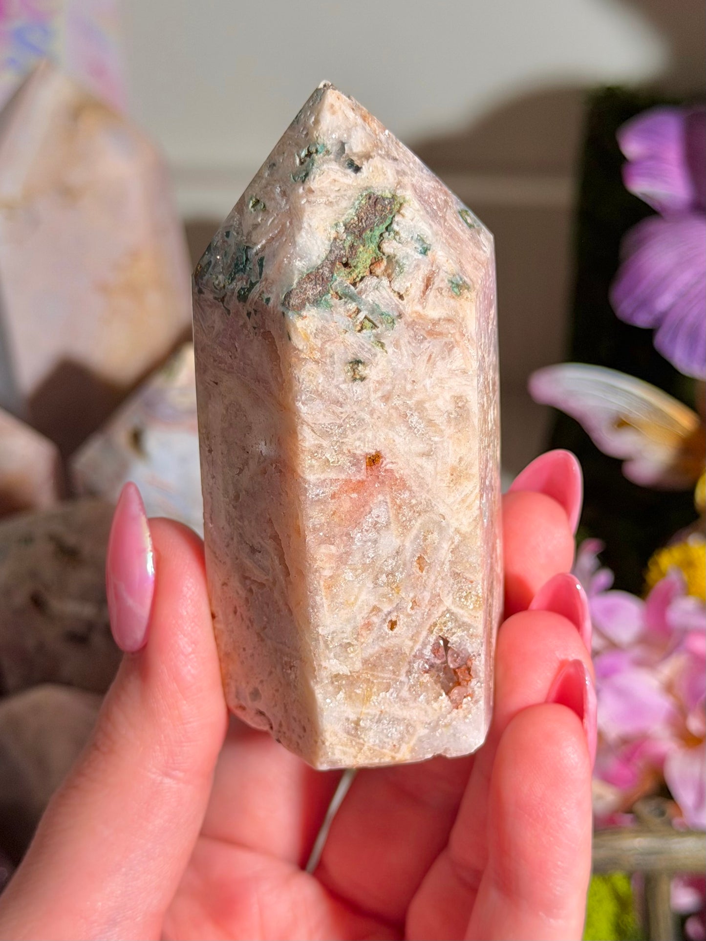 Fairy green jasper mixed with pink amethyst tower from Brazil