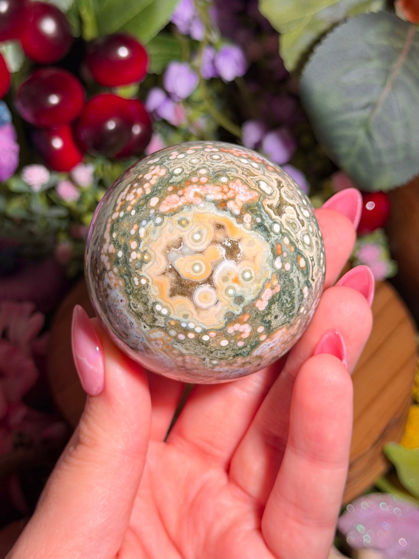 Green and pink 8th Vein Ocean Jasper sphere
