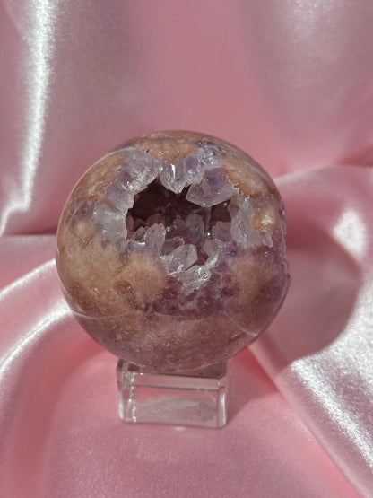 Brazilian pink amethyst x flower agate sphere with purple quartz-filled druzy cave