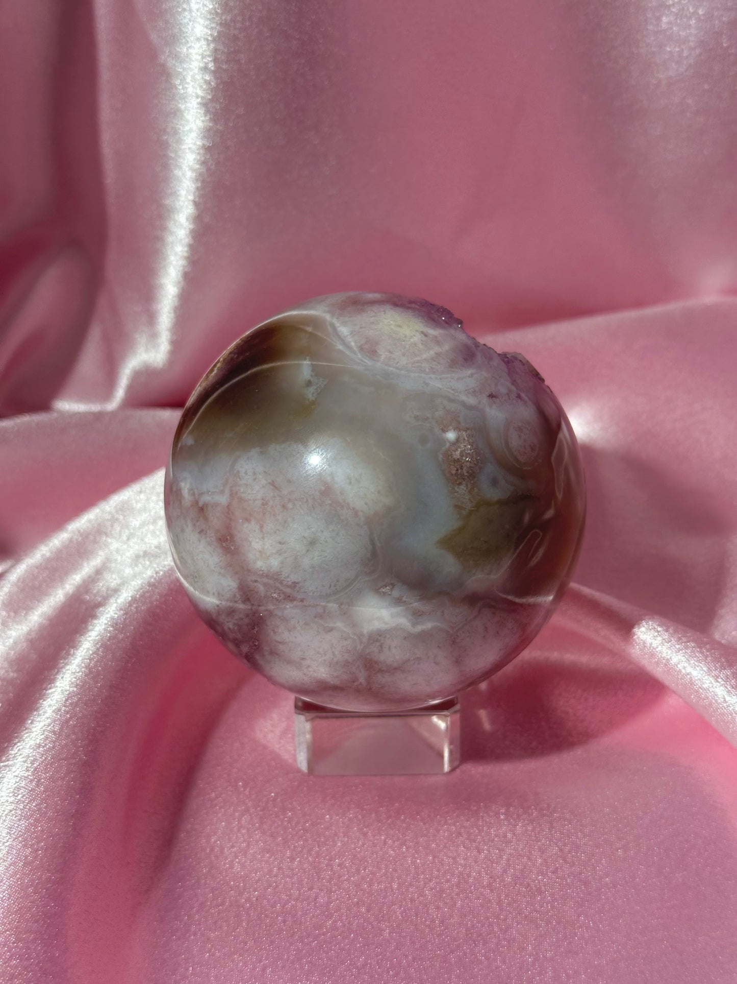 Brazilian pink amethyst x flower agate sphere with druzy cave