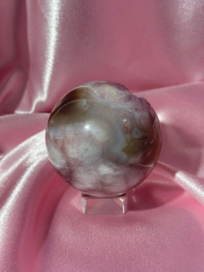 Brazilian pink amethyst x flower agate sphere with druzy cave
