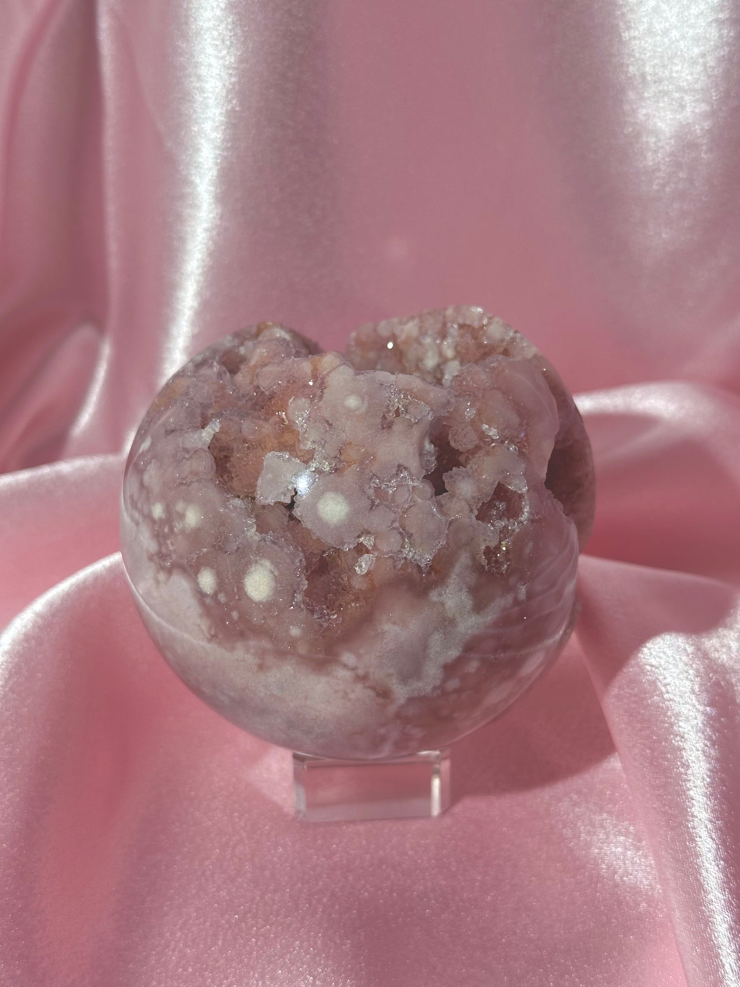Brazilian pink amethyst x flower agate sphere with bubbly druzy cave