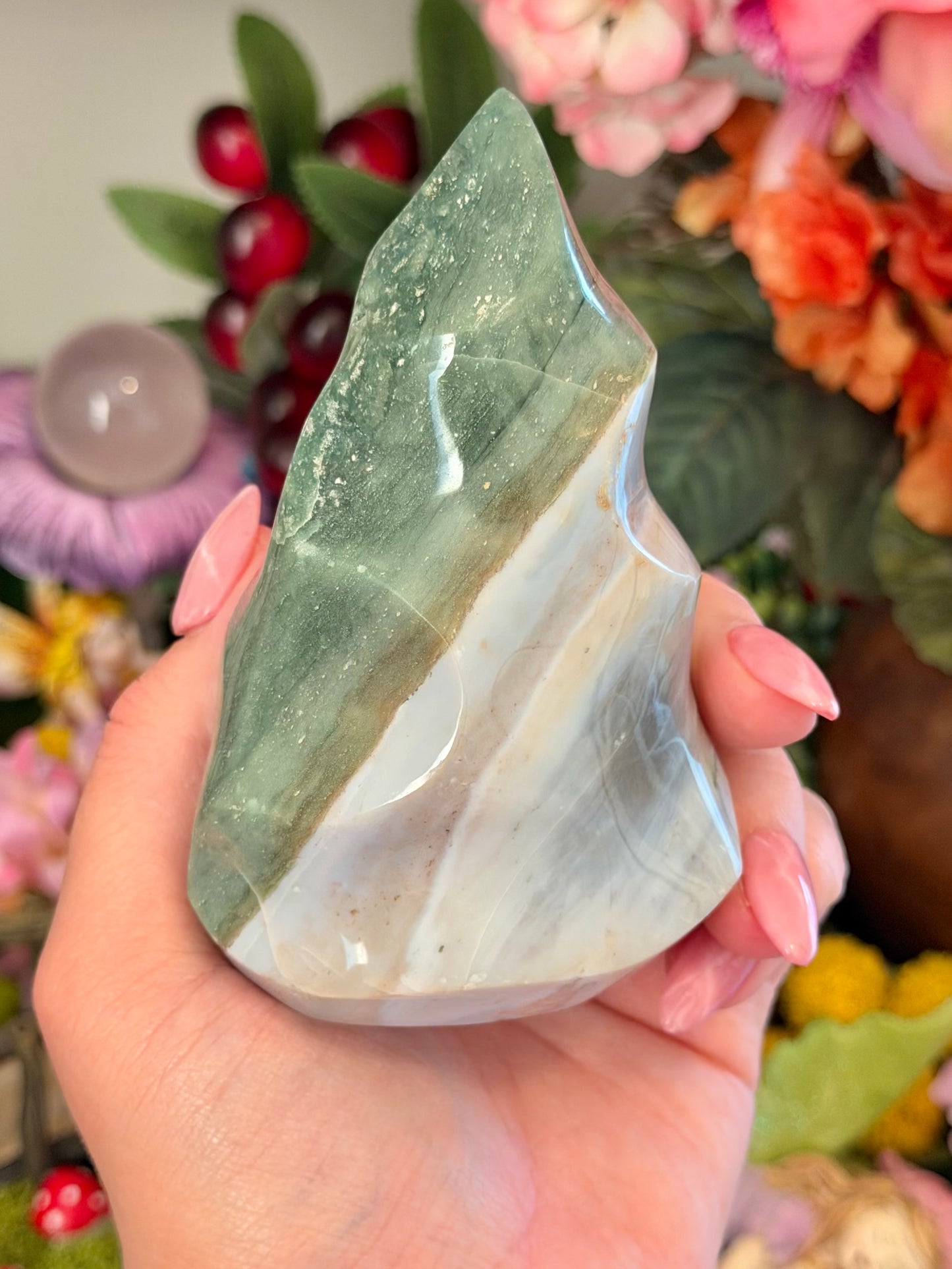 Lilac and green pastel sea jasper flame