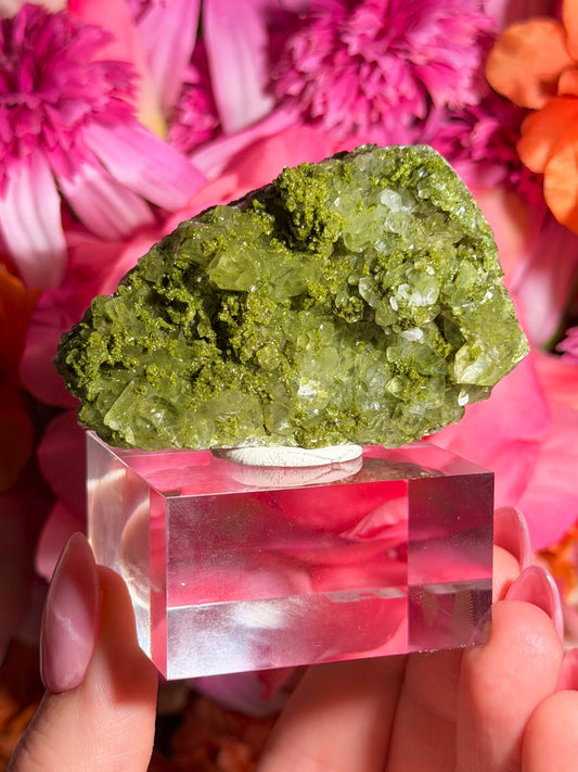 Fairy Quartz Epidote specimen on stand from Hakkari, Turkey