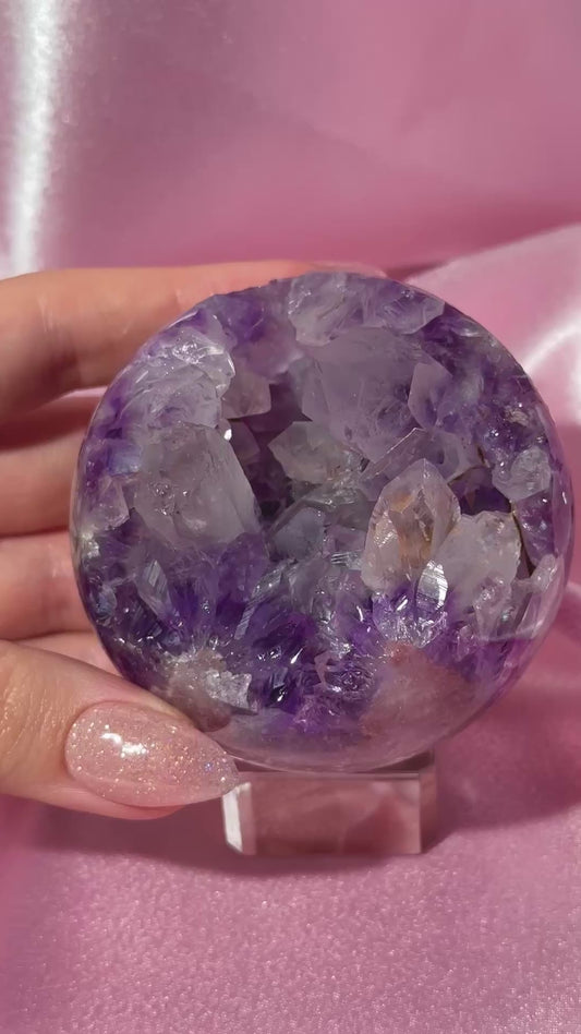 Grape jelly purple Brazilian pink amethyst sphere with unique quartz caves