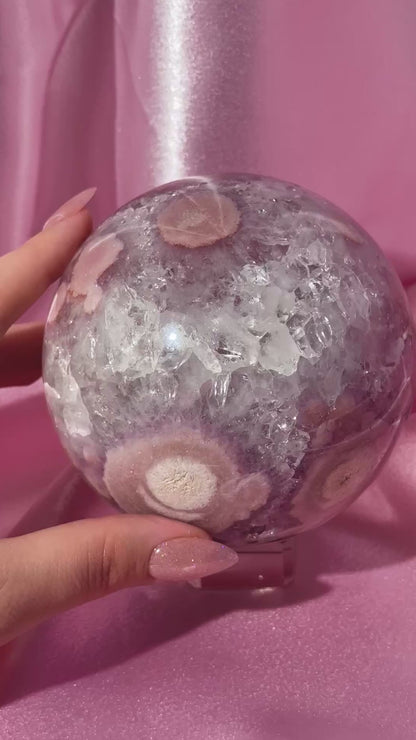 Statement Brazilian pink amethyst x flower agate sphere with sparkly quartz