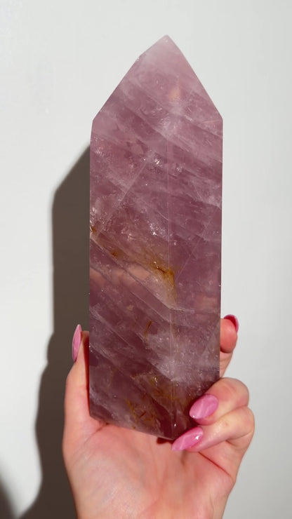 Statement Glassy Purple-toned star rose quartz tower with bright “rainbow” asterism & golden healer