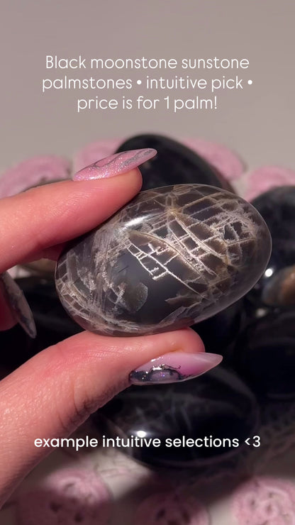 Black moonstone with sunstone palmstones - intuitive pick
