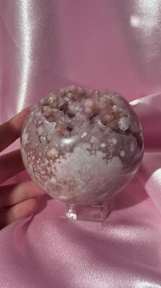 Brazilian pink amethyst x flower agate sphere with bubbly druzy cave