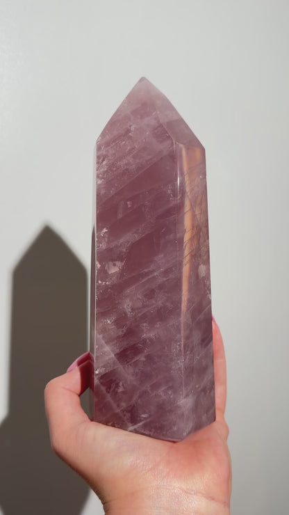 Statement Glassy Purple-toned star rose quartz tower with bright “rainbow” asterism & golden healer