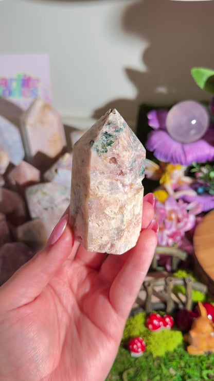 Fairy green jasper mixed with pink amethyst tower from Brazil
