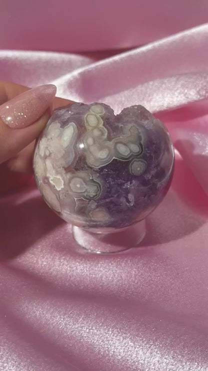 Purple Brazilian pink amethyst x flower agate sphere with druzy cave