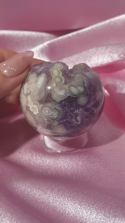 Purple Brazilian pink amethyst x flower agate sphere with druzy cave