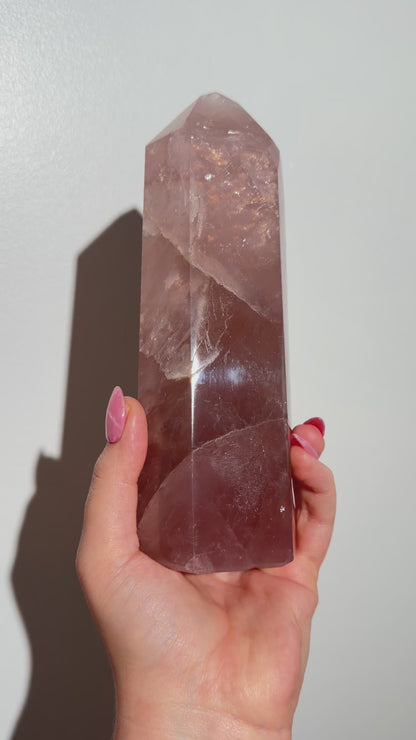 Large Purple-toned glossy rose quartz tower