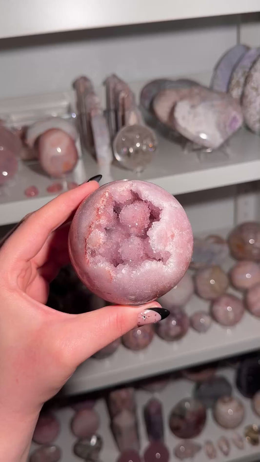 Brazilian pink amethyst x flower agate sphere with bubbly druzy cave