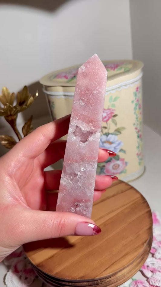 Brazilian pink amethyst tower with heart shaped druzy cave