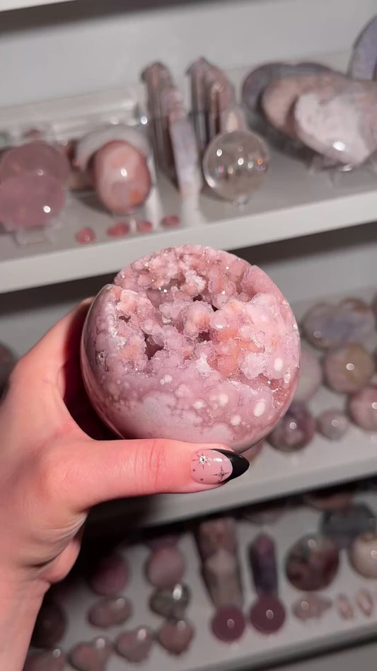 Brazilian pink amethyst x flower agate sphere with bubbly druzy cave