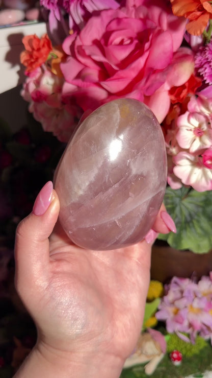 Glassy “guava” pink rose quartz freeform