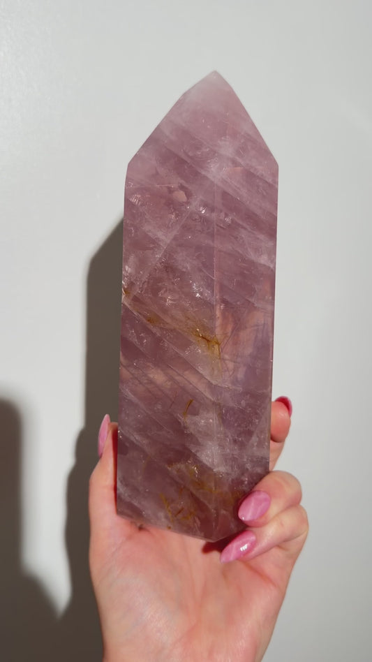 Statement Glassy Purple-toned star rose quartz tower with bright “rainbow” asterism & golden healer