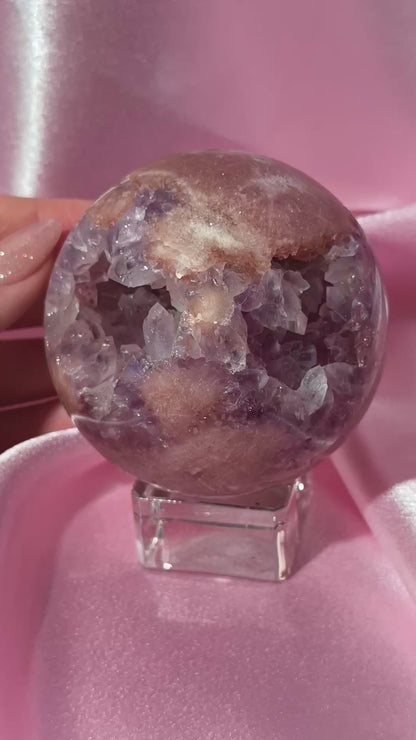 Brazilian pink amethyst x flower agate sphere with purple quartz-filled druzy cave