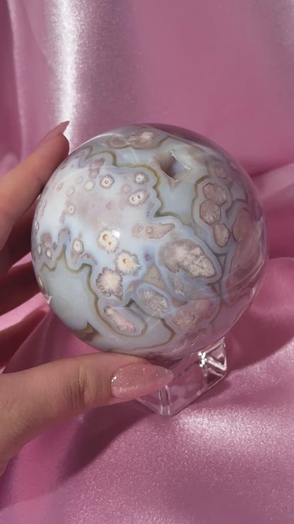 Blue pastel flower agate sphere from Madagascar