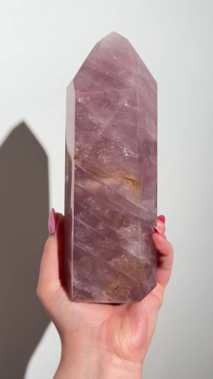 Statement Glassy Purple-toned star rose quartz tower with bright “rainbow” asterism & golden healer