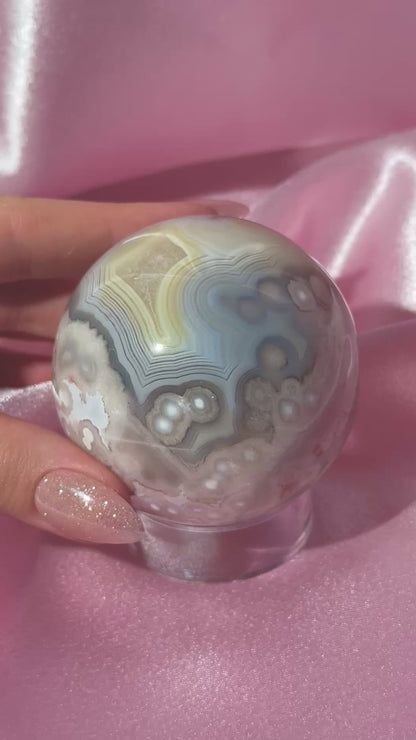 Yellow, blue & pink flower agate sphere from Madagascar *has parallax!