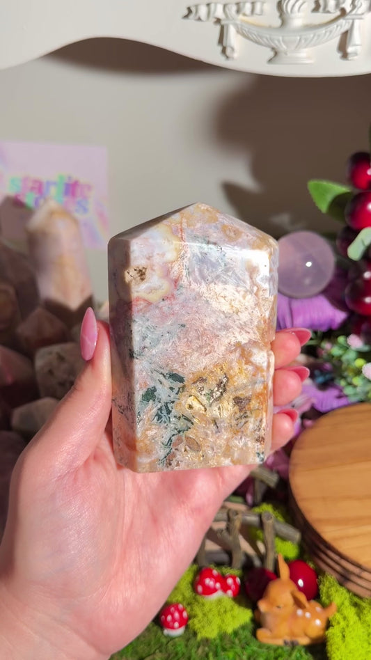 Fairy green jasper mixed with pink amethyst tower from Brazil