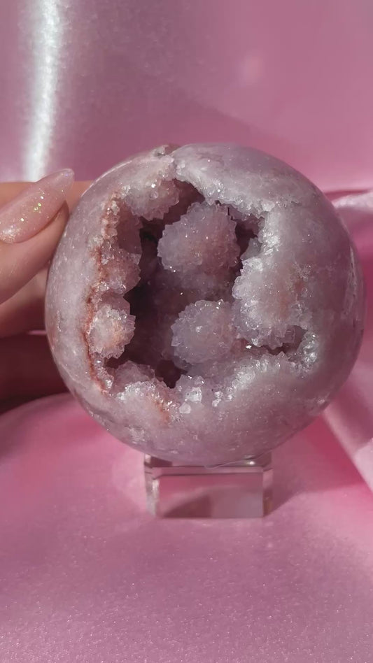 Brazilian pink amethyst x flower agate sphere with bubbly druzy cave
